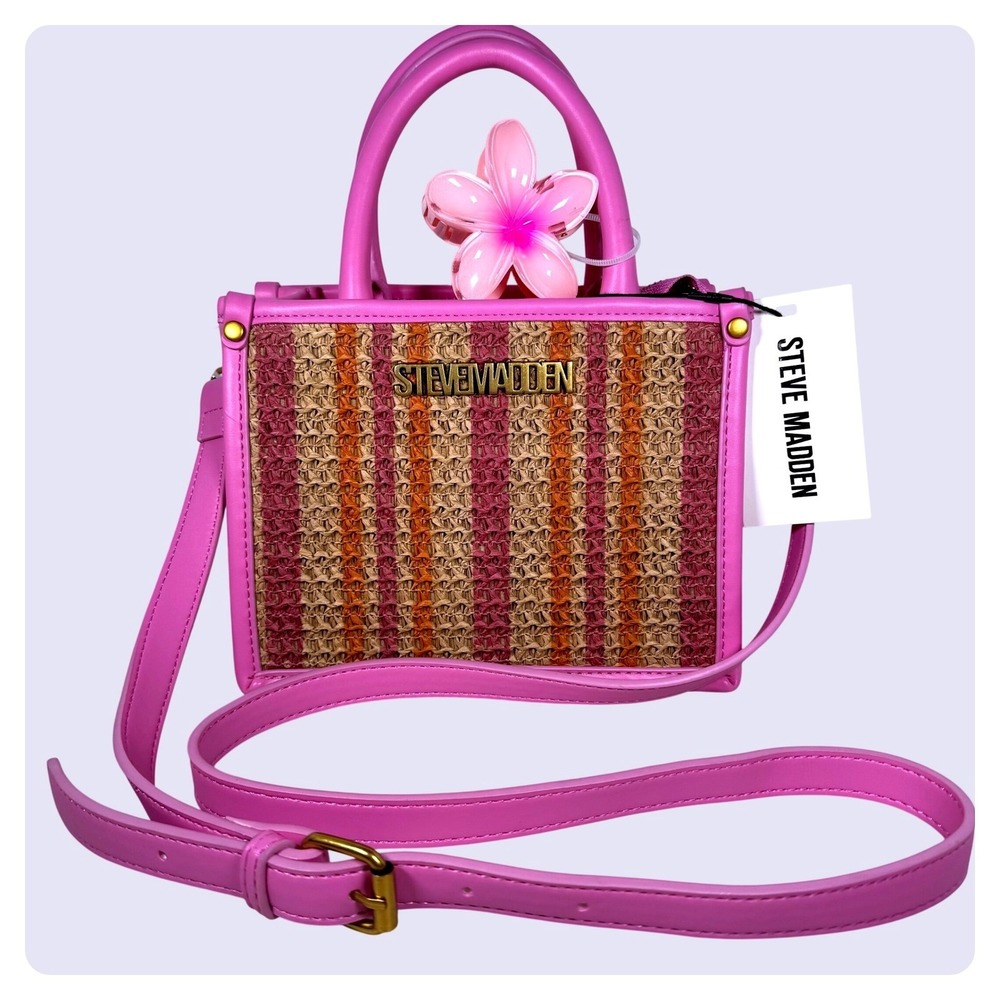 Steve Madden Bmona Mini Tote Bag Woven Straw Pink Striped Crossbody Satchel OS